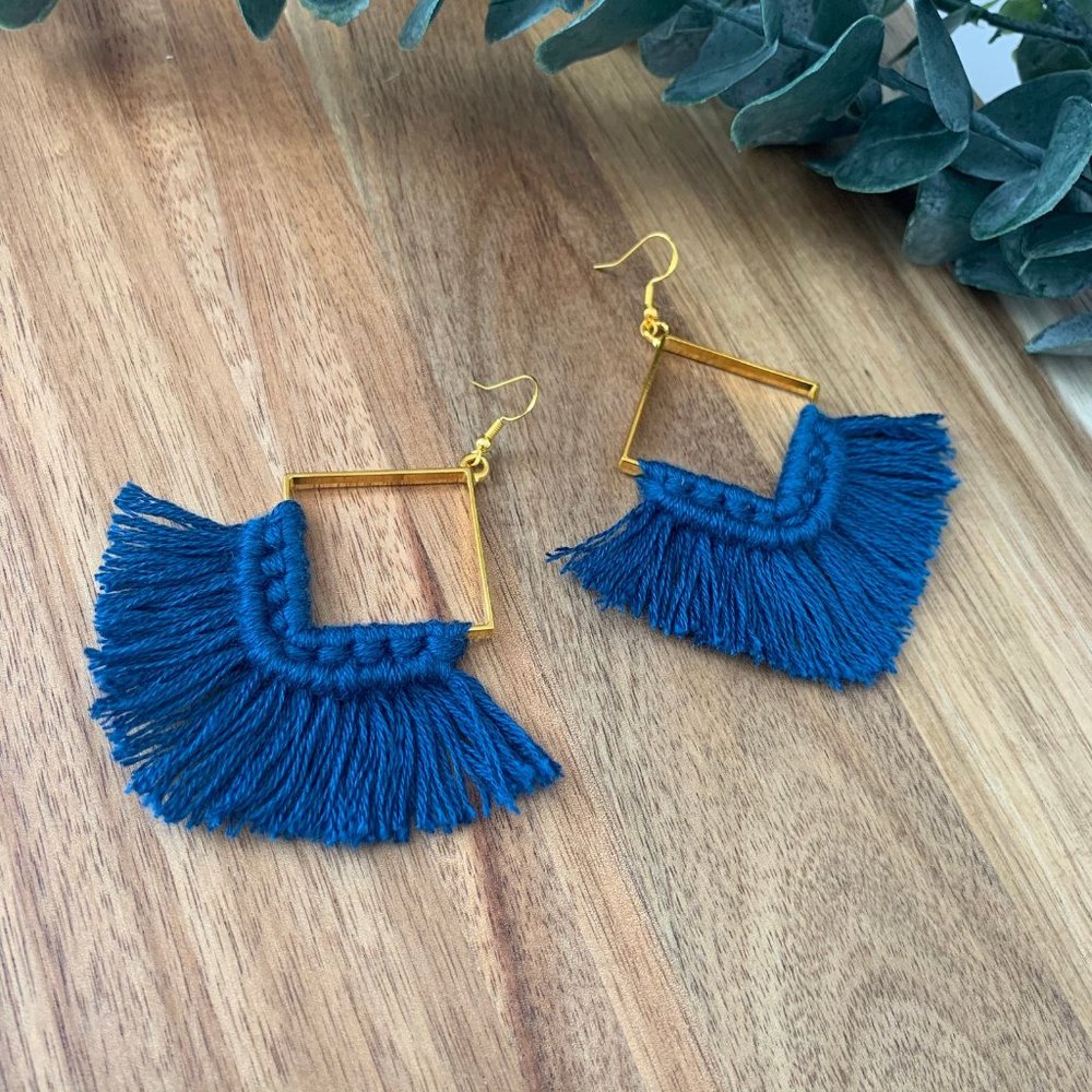 Blue Macrame Tassel Geometric Earrings